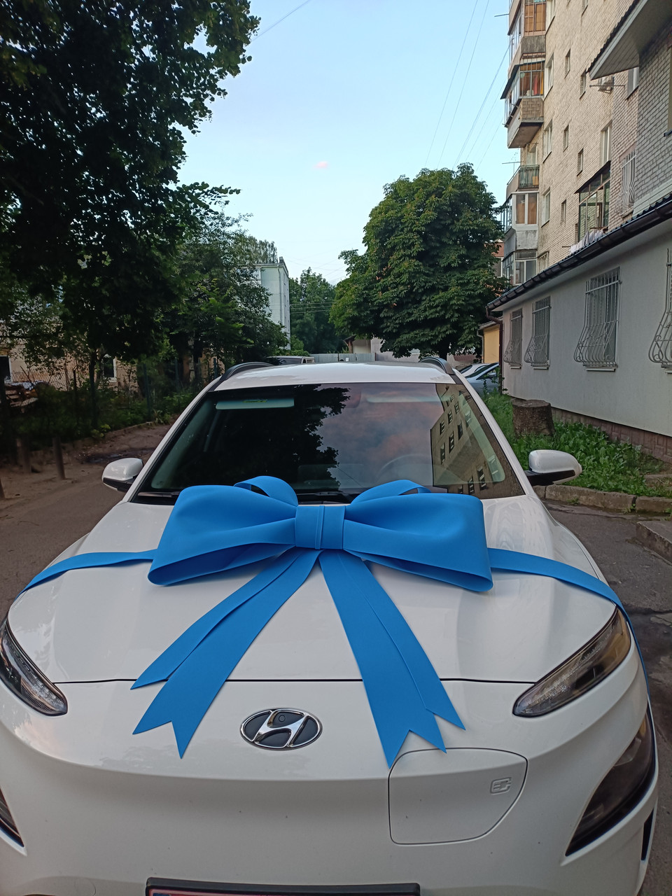 Гігантський синій бант на машину (100 см) — святковий вологостійкий декор