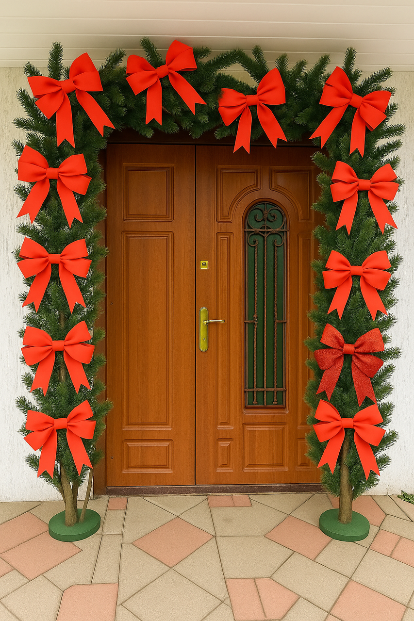 Готова святкова гірлянда з хвої та червоних глітерних бантів (вологостійка, ціна за 1 метр)