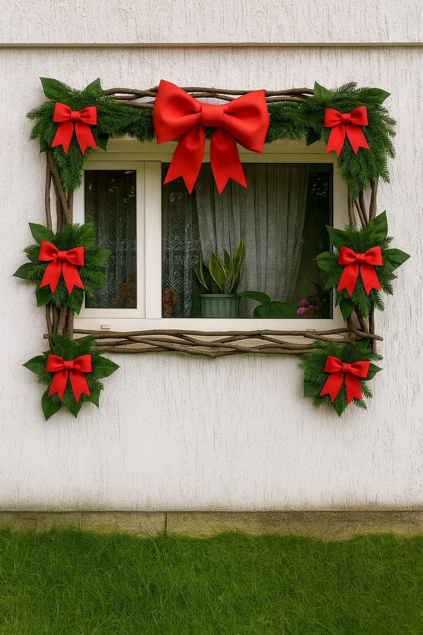 Готова святкова гірлянда з хвої та червоних глітерних бантів (вологостійка, ціна за 1 метр) - Зображення 2