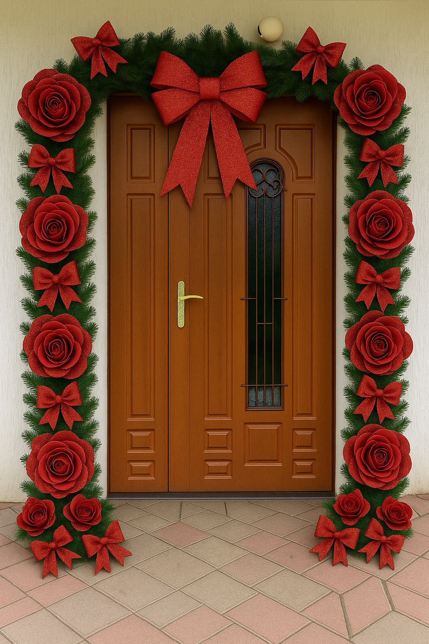 Готова святкова гірлянда з хвої та червоних глітерних бантів (вологостійка, ціна за 1 метр) - Зображення 3