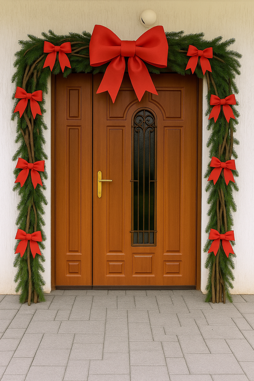 Готова святкова гірлянда з хвої та червоних глітерних бантів (вологостійка, ціна за 1 метр) - Зображення 4